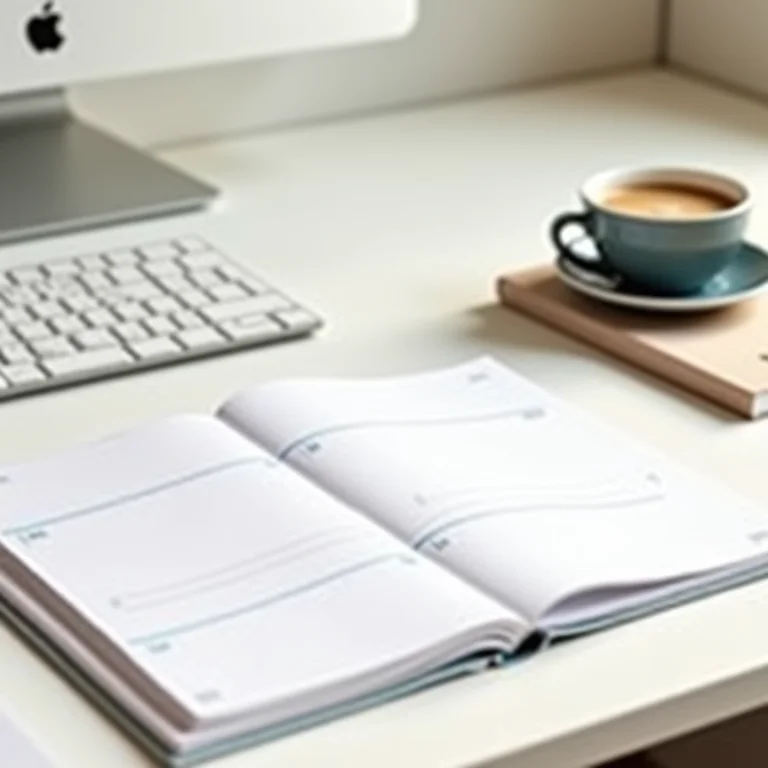 Planner, xícara de café e caderno elegante sobre mesa minimalista.