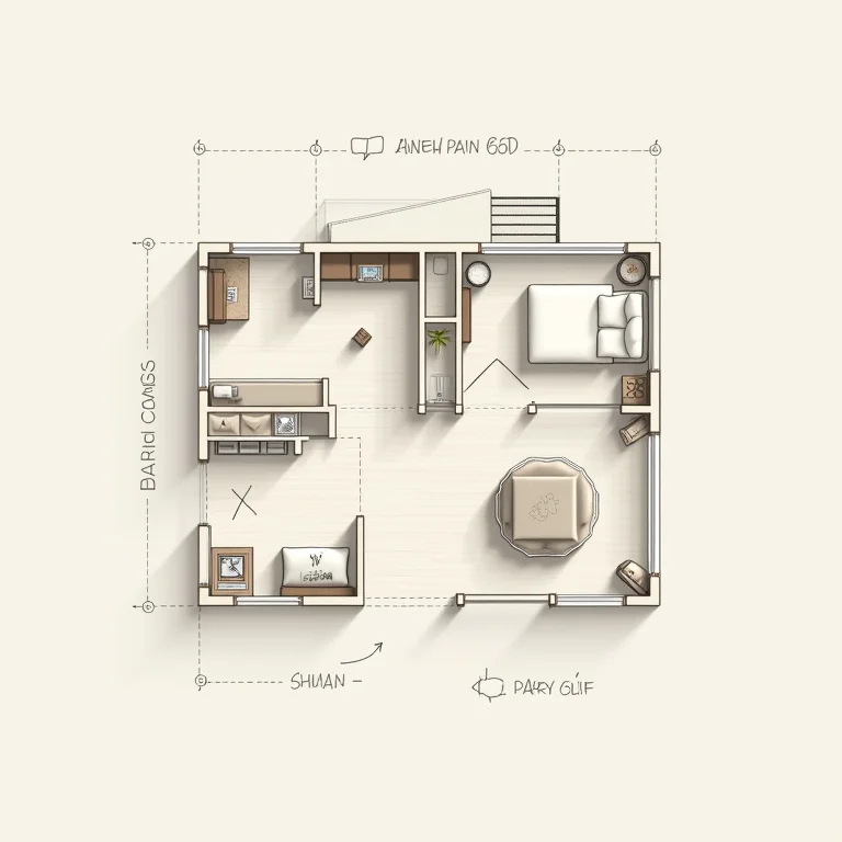 Planta baixa de uma casa com áreas demarcadas para relaxamento