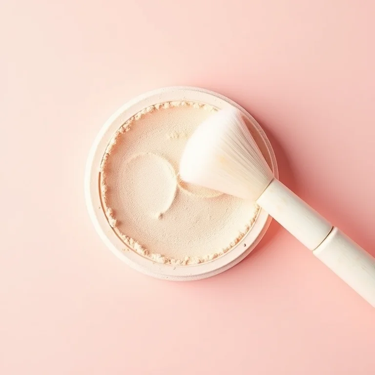 Pó translúcido e pincel macio sobre uma superfície de veludo.