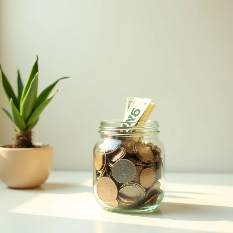 Pote de vidro com moedas e notas, representando economia.