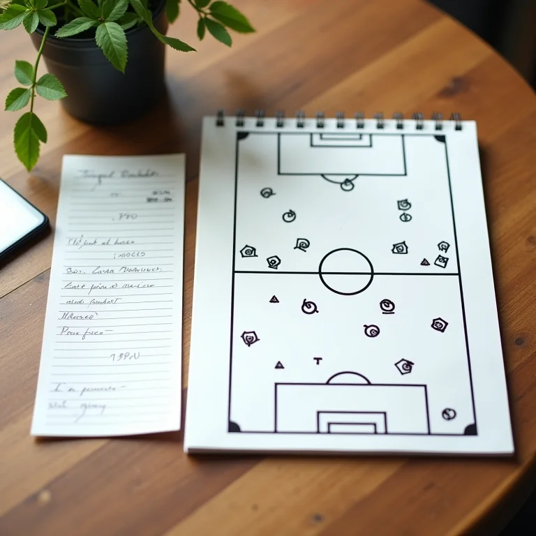 Prancheta tática com formações de futebol e bloco de notas com anotações estratégicas.