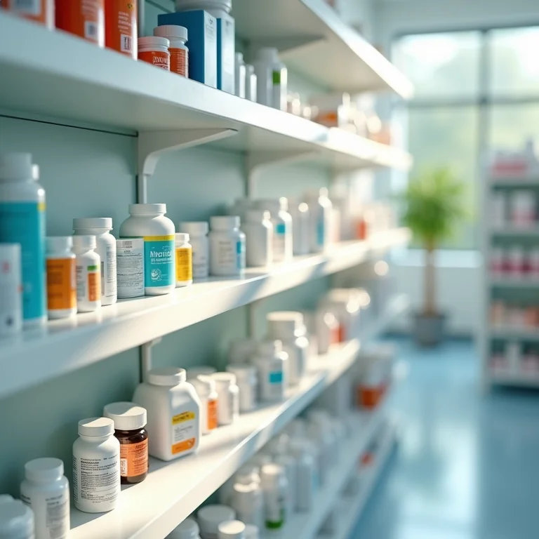 Prateleira de farmácia repleta de remédios genéricos