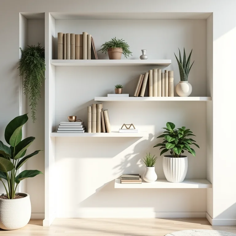 Prateleiras e nichos organizados em um quarto.