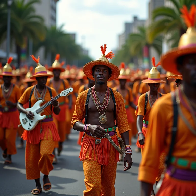 Procissão de rua com cordões e blocos carnavalescos coloridos