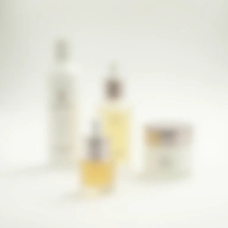 Produtos de skincare dispostos em uma superfície branca com luz natural suave.