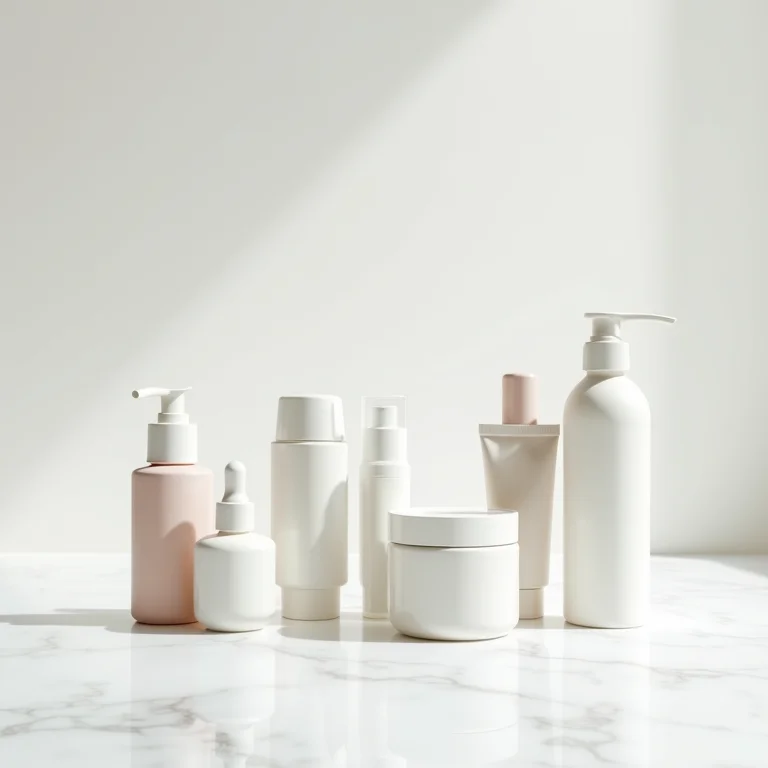 Produtos de skincare e beleza organizados em superfície de mármore