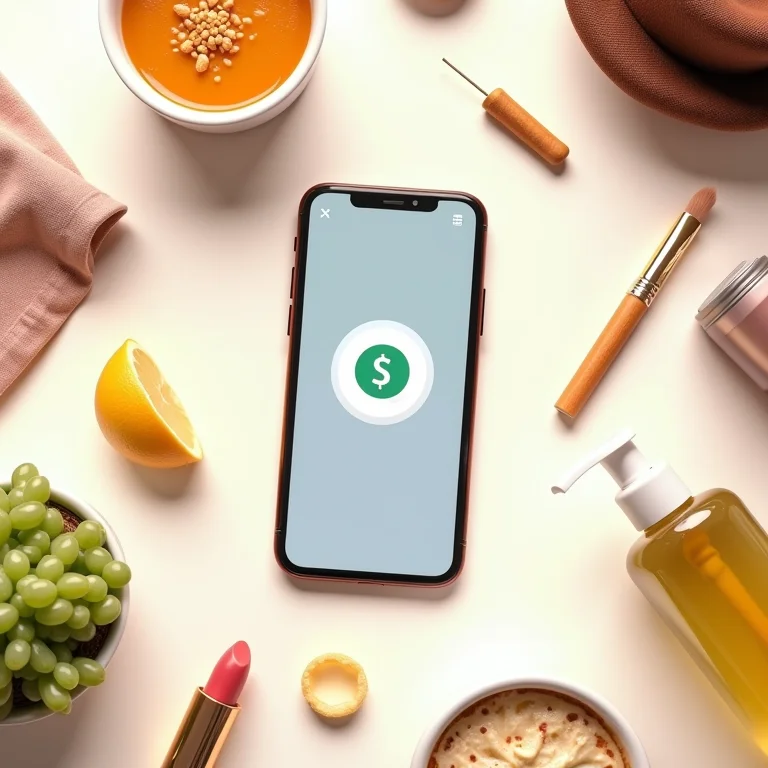 Produtos variados com app de cashback ao centro.