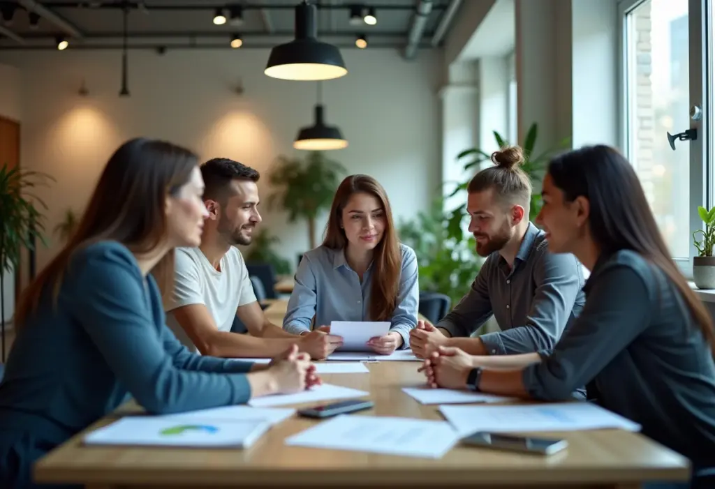 Profissionais colaborando em ambiente de trabalho moderno, trocando feedback construtivo.