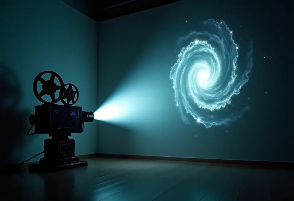Projetor de filme antigo iluminando galáxias, representando filmes sobre viagem no tempo