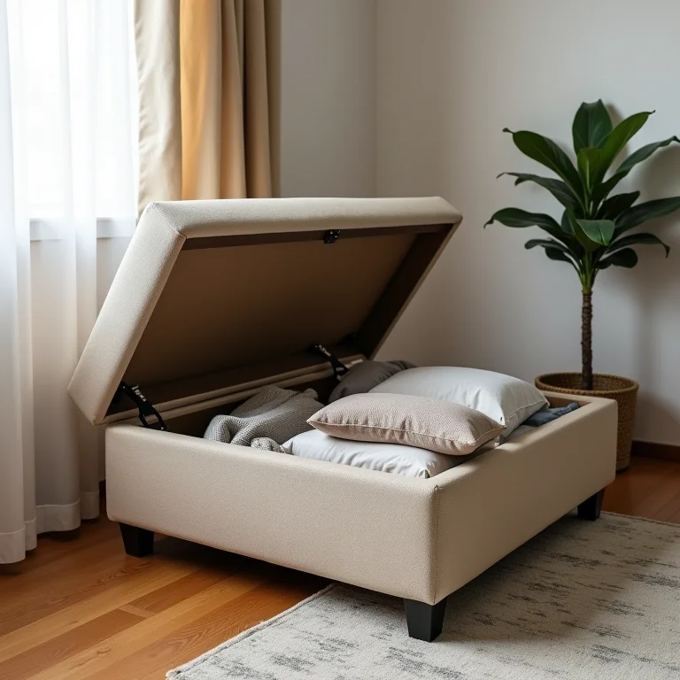 Pufê com espaço de armazenamento interno organizado.