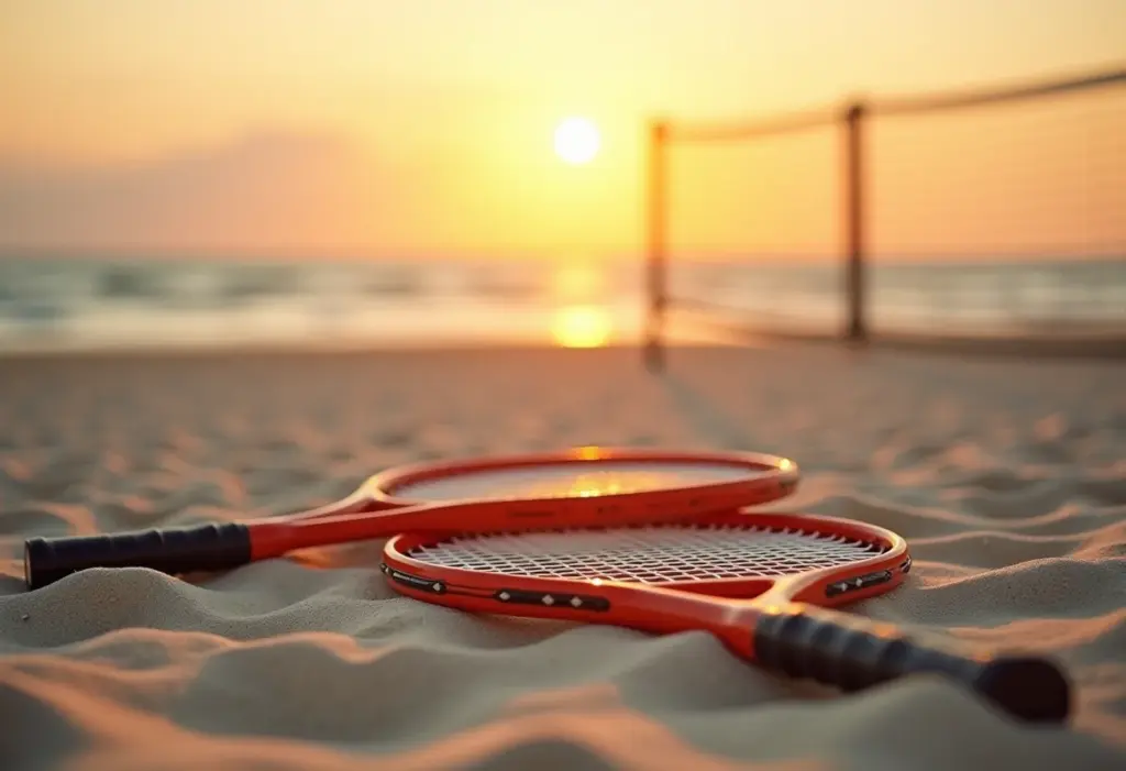 Quadra de beach tennis ao pôr do sol com raquetes na areia