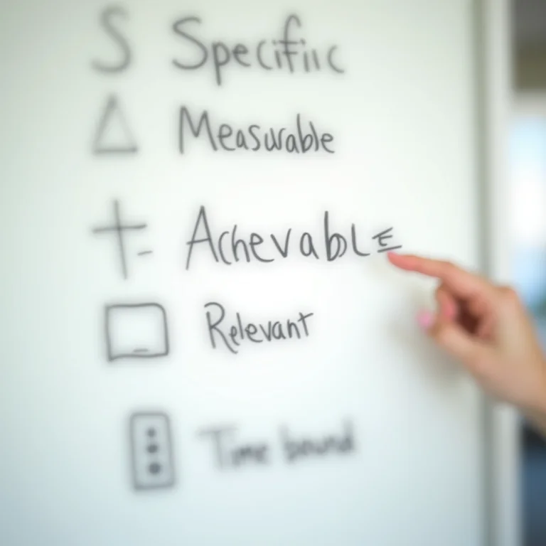 Quadro branco com metas SMART escritas e uma mão apontando para a seção 'Alcançável'.