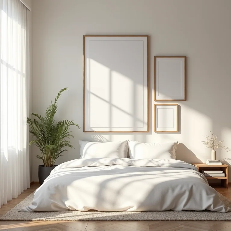 Quarto com quadros grandes e pequenos na parede