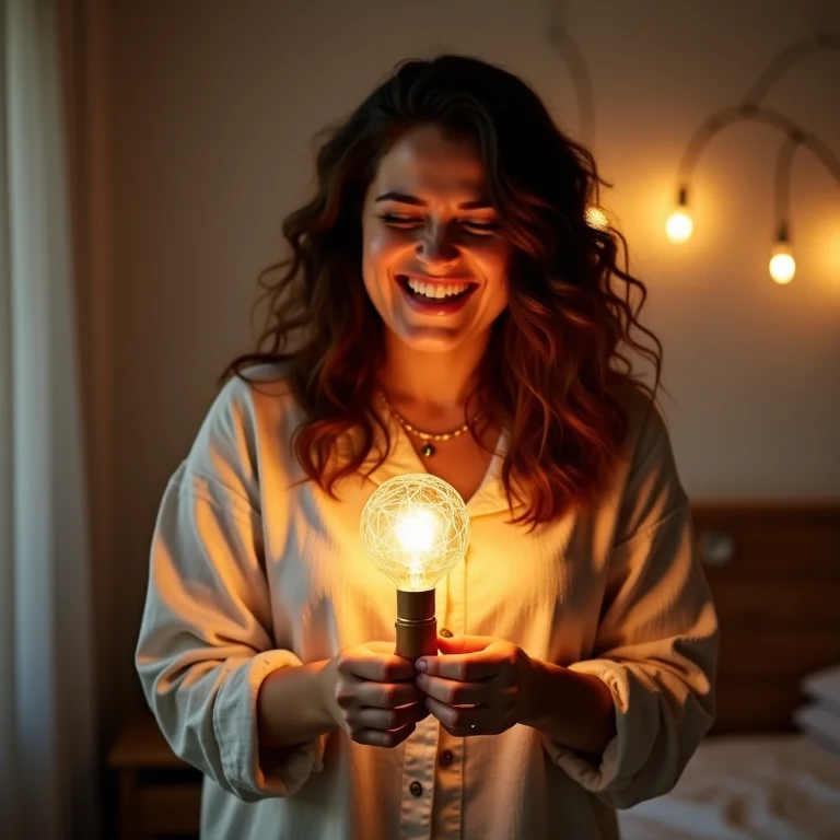 Quarto decorado com luminária de barbante.