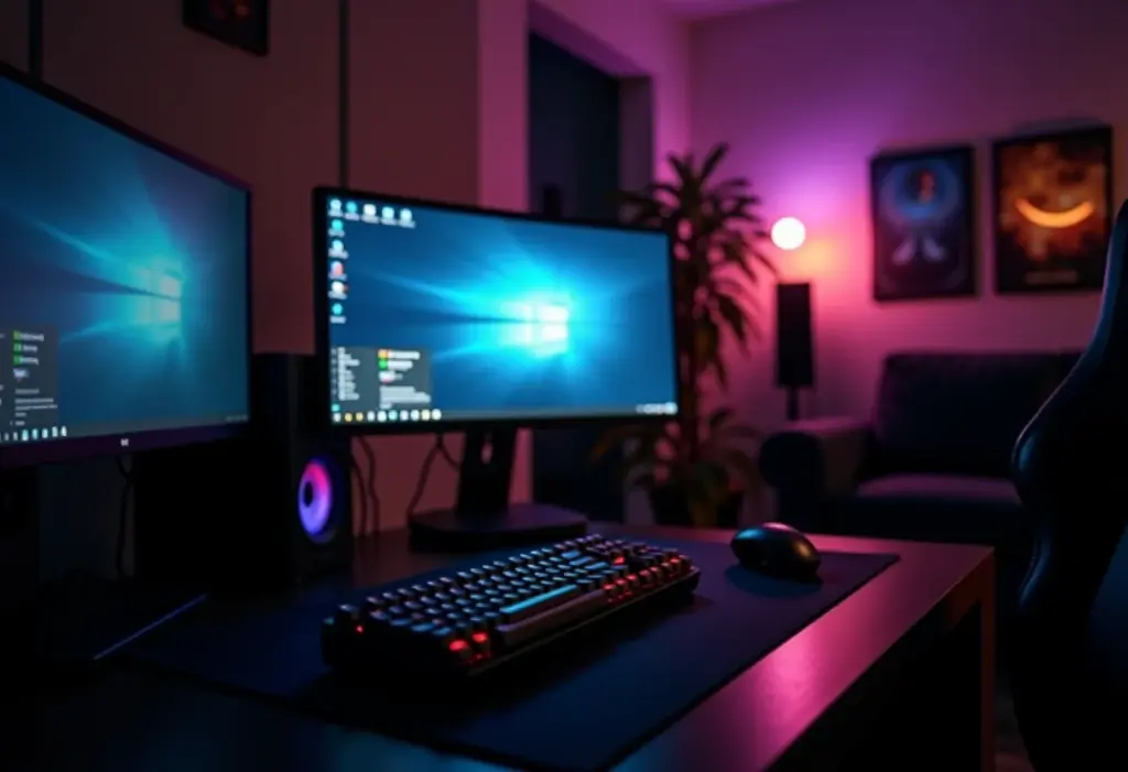 Quarto gamer com iluminação inadequada contrastando com um espaço gamer bem iluminado.