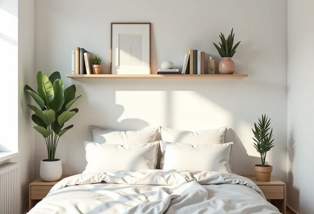 Quarto minimalista com prateleiras estilosas acima da cama