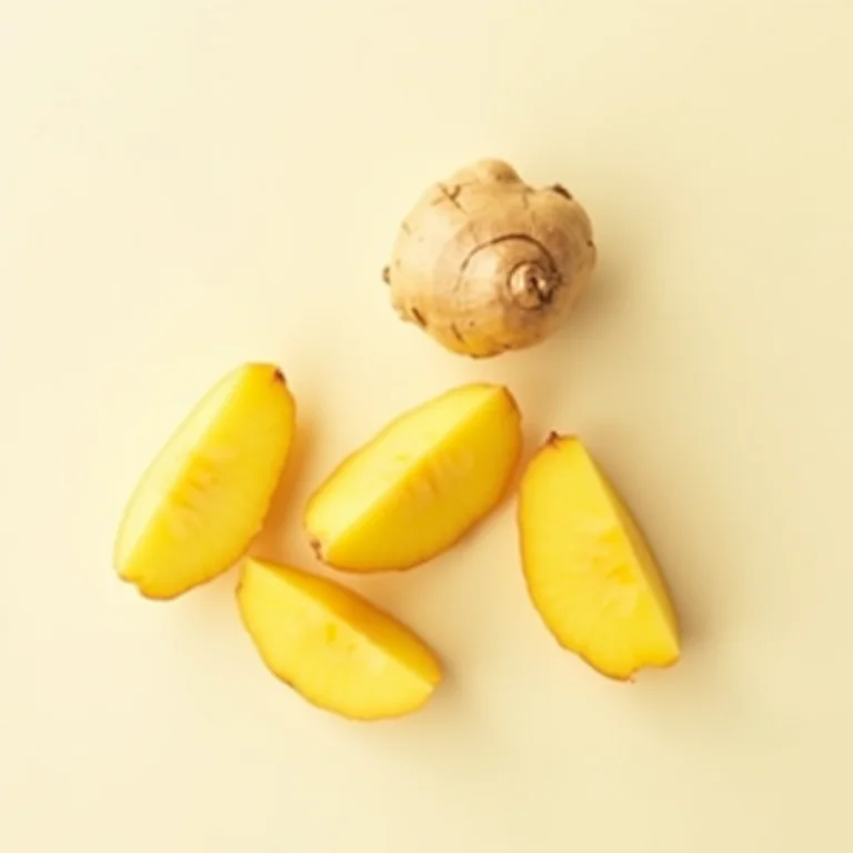 Raiz de gengibre fresca, fatiada e inteira, exibindo sua textura e cor.