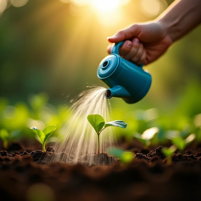 Regando mudas com um regador.