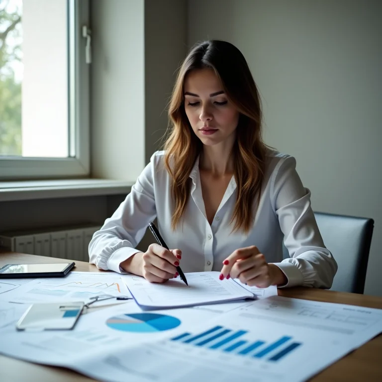 Relatórios financeiros com gráficos e tabelas, representando a tomada de decisões estratégicas.