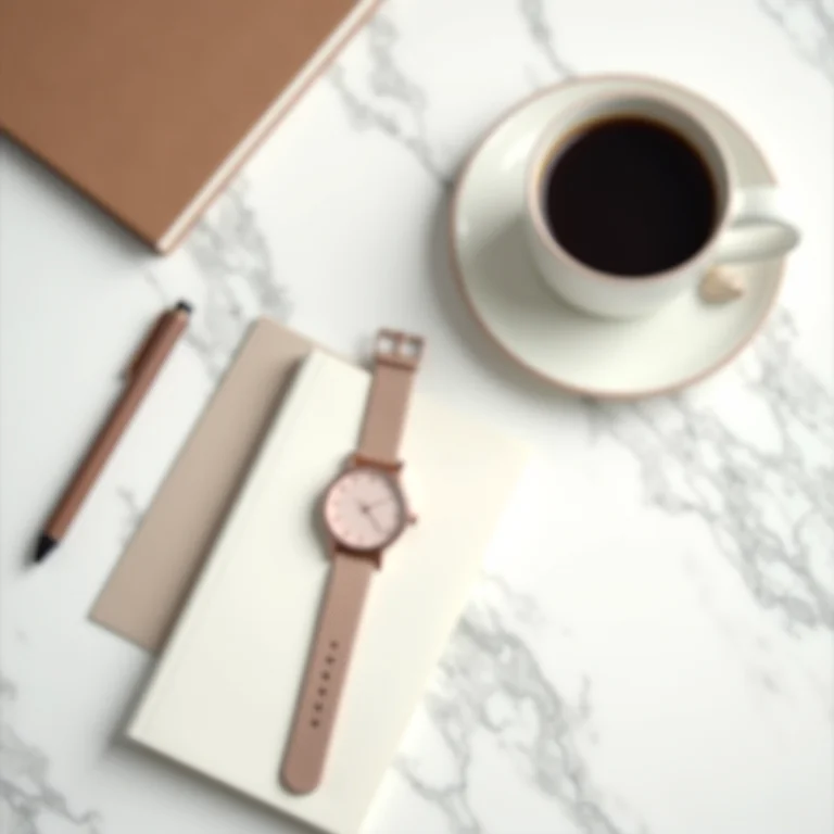 Relógio elegante, planner minimalista e café.