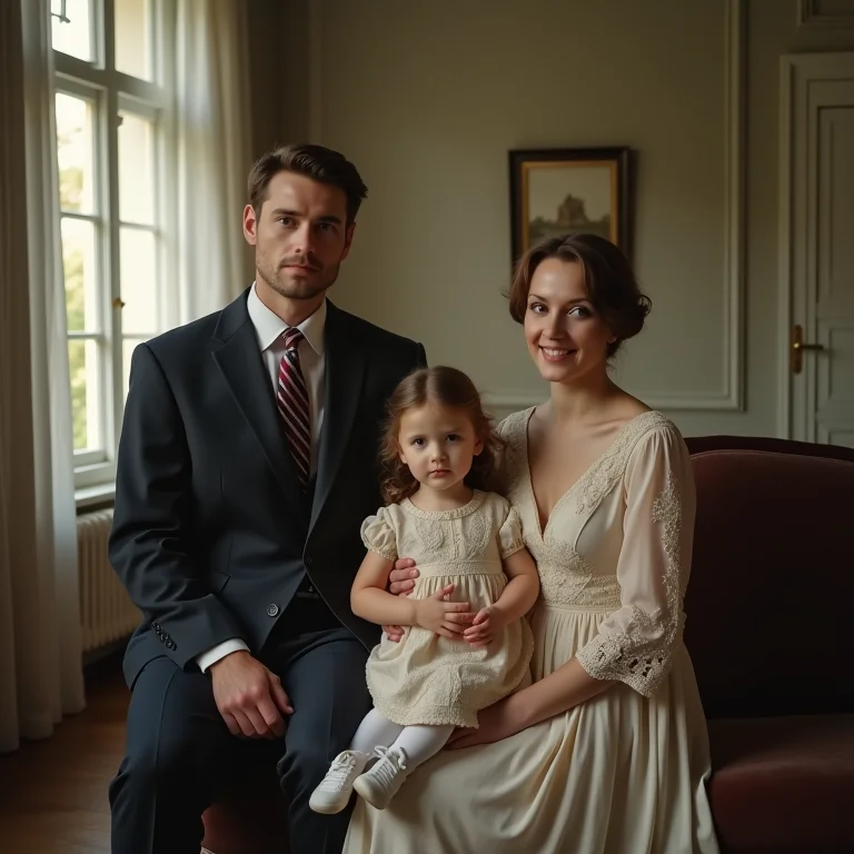Retrato de família antiga, representando pais e filhos em um ambiente formal