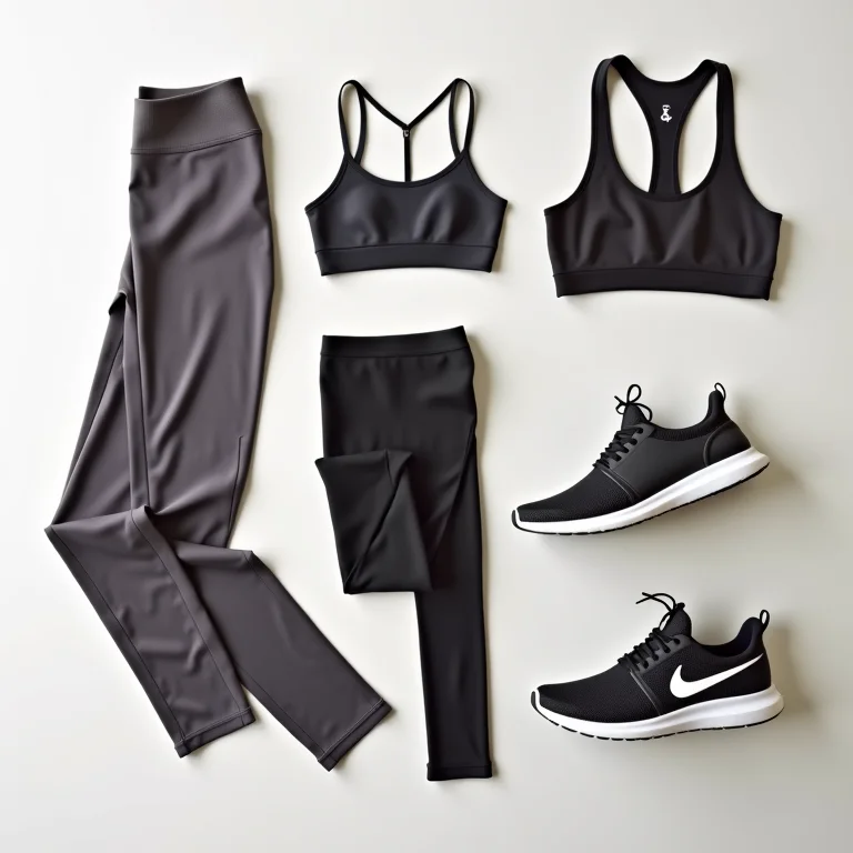 Roupa de ginástica organizada em estilo flat lay.
