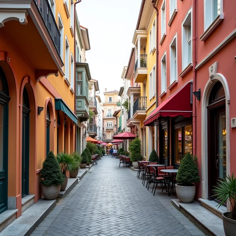 Rua charmosa em Istambul com edifícios coloridos.