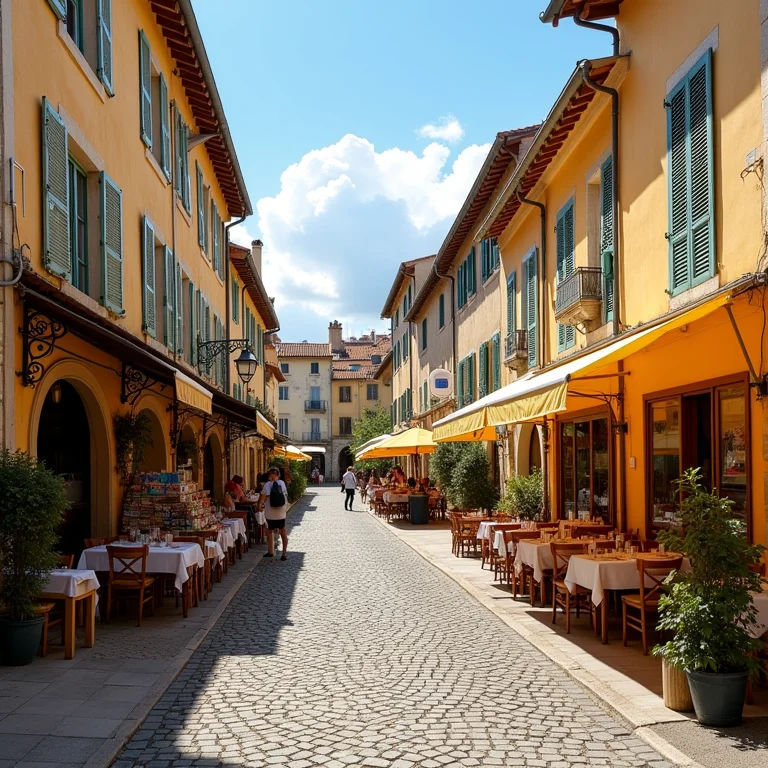 Rua de paralelepípedos em Arles, França, com atmosfera vibrante