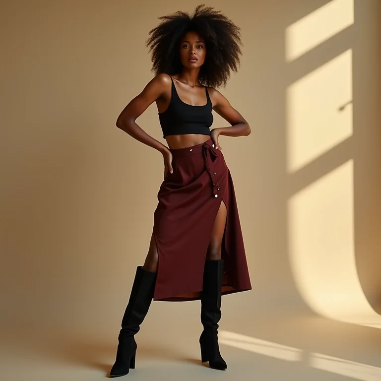 Saia midi com bota de cano alto para alongar a silhueta