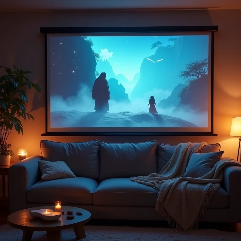 Sala de estar aconchegante com projeção de A Viagem de Chihiro