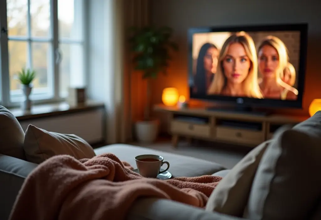 Fim de Semana Épico: As Séries Imperdíveis para Maratonar Já! Sala de estar aconchegante com TV exibindo série, ideal para maratonar no fim de semana