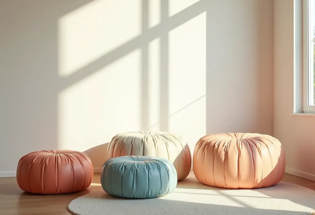 Sala de estar com pufes feitos de garrafa PET