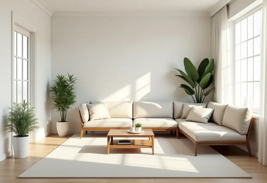 Sala de estar com tapete grande delimitando a área de convivência