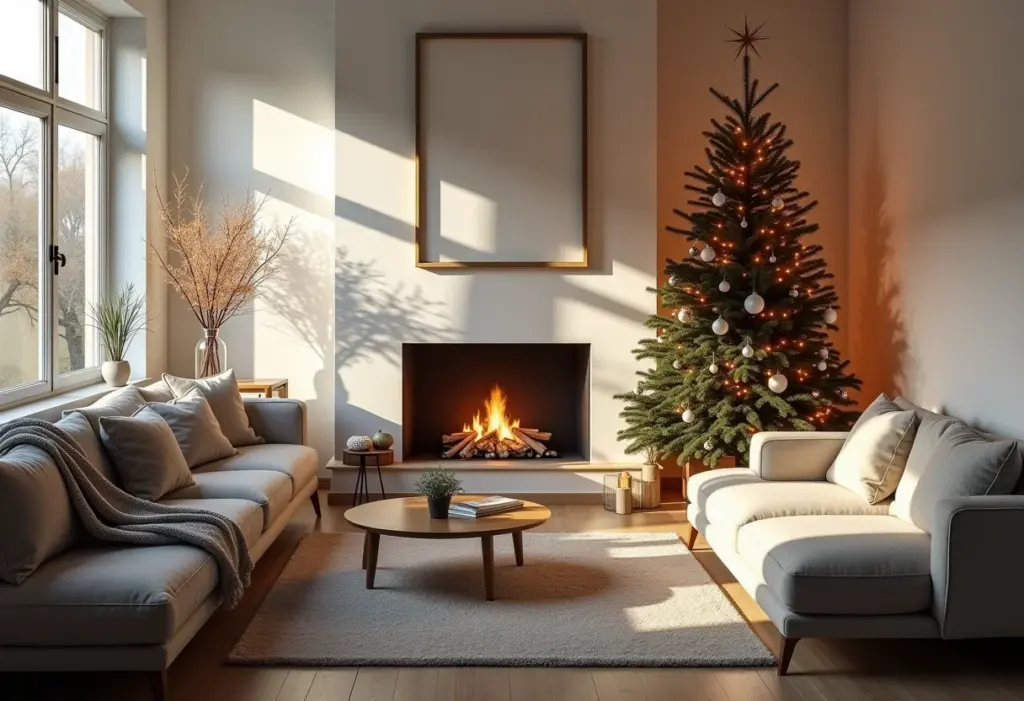 Sala de estar decorada para o Natal com decoração minimalista e sustentável