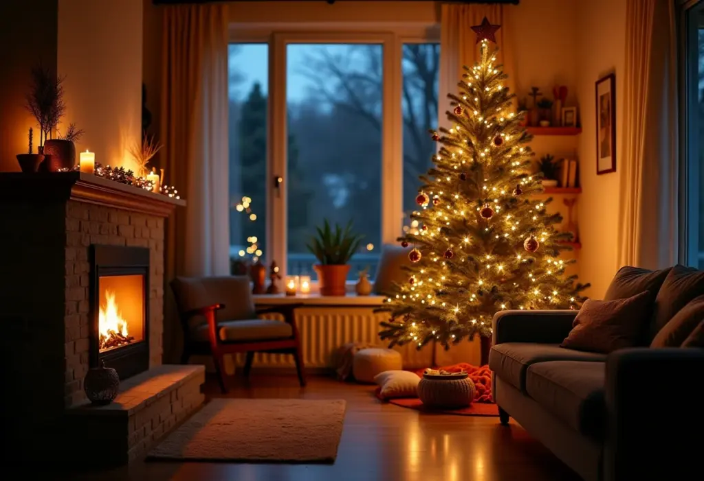 Sala de estar decorada para o Natal com iluminação suave e árvore minimalista.