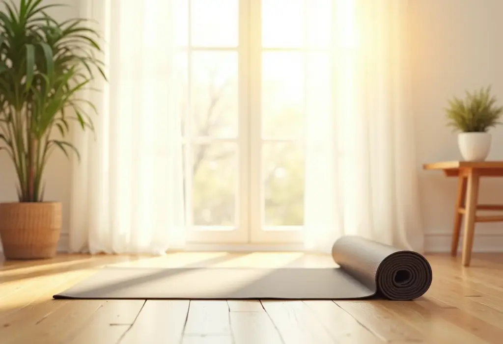 Sala de estar iluminada com tapete de yoga para pilates solo