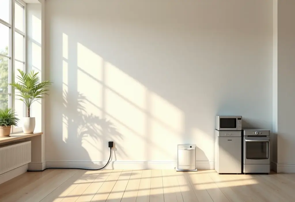 Sala de estar moderna com aparelhos desligados para economizar energia.