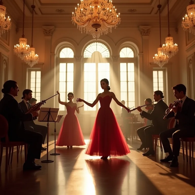 Salão de baile elegante com pessoas mascaradas e orquestra