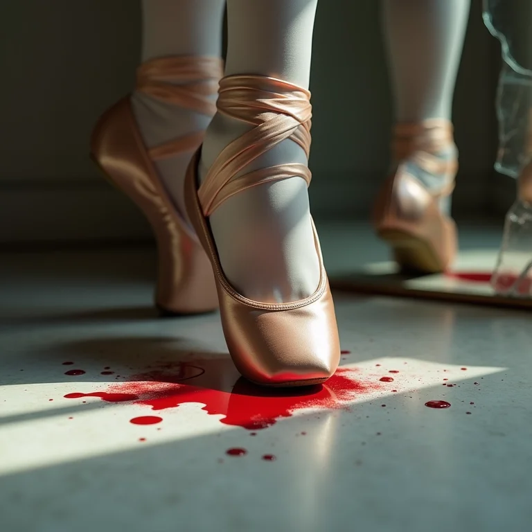 Sapatilha de bailarina manchada de sangue com reflexo distorcido, representando o filme Cisne Negro.