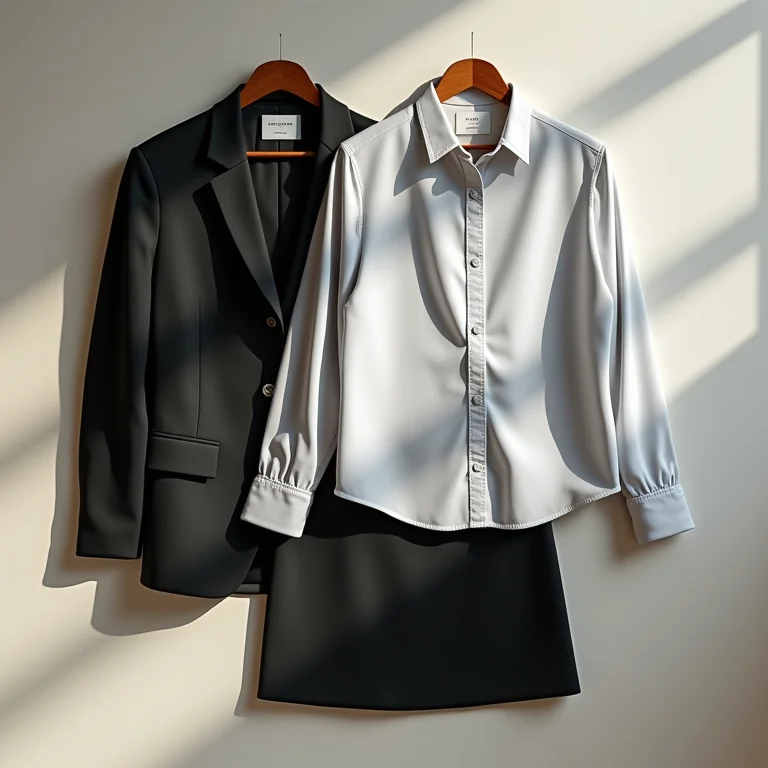 Seleção de roupas profissionais femininas organizadas em uma mesa.