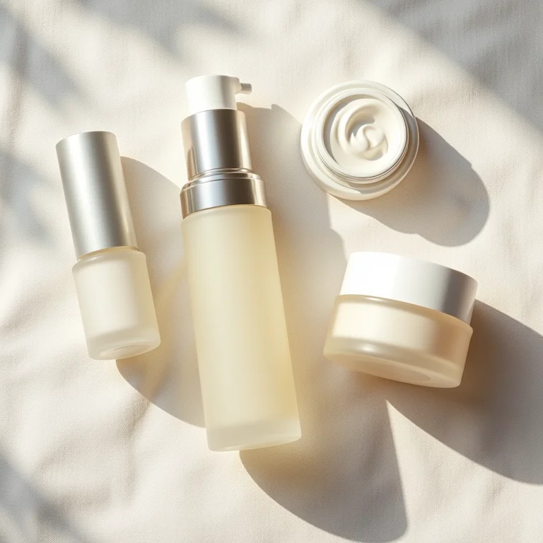 Sérum hidratante, hidratante rico e creme para os olhos em fundo de linho.