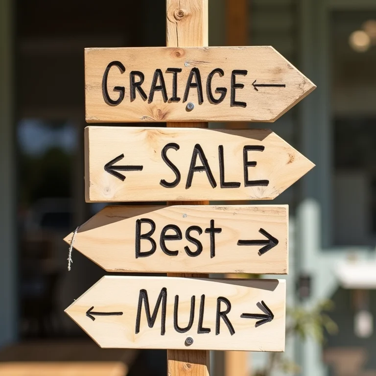 Sinalização criativa para guiar os clientes no bazar.