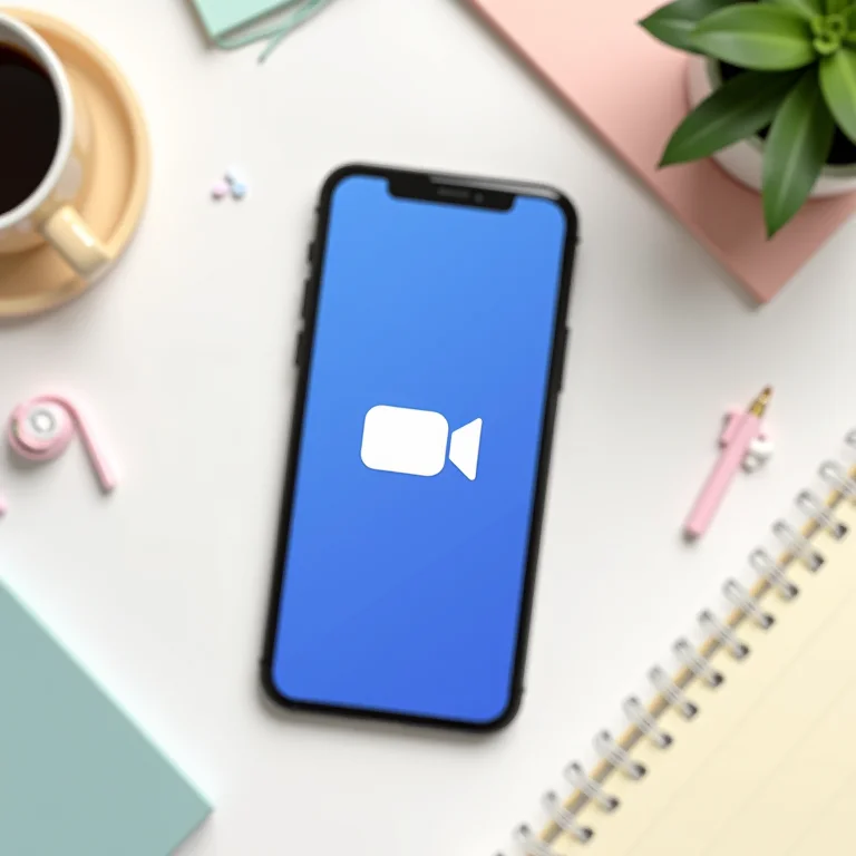 Smartphone com o ícone do Zoom cercado por materiais de escritório