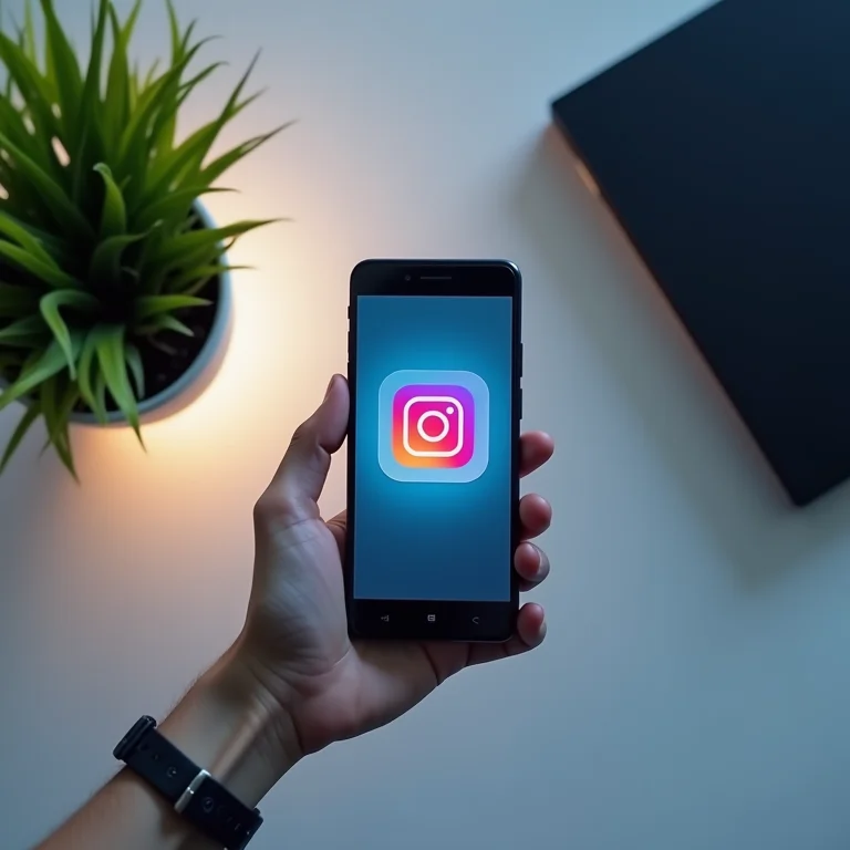 Smartphone exibindo emulador Android (BlueStacks) com o Instagram aberto.