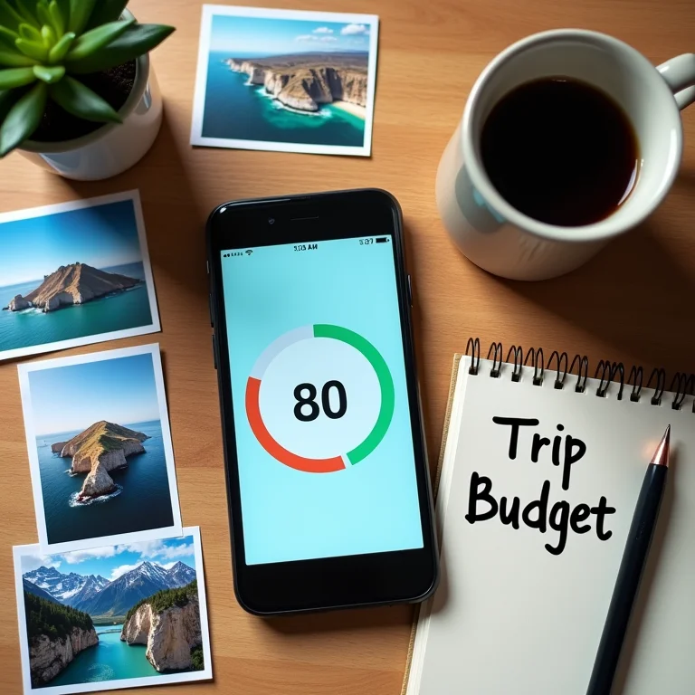 Smartphone mostrando medidor de uso de dados e acessórios de viagem