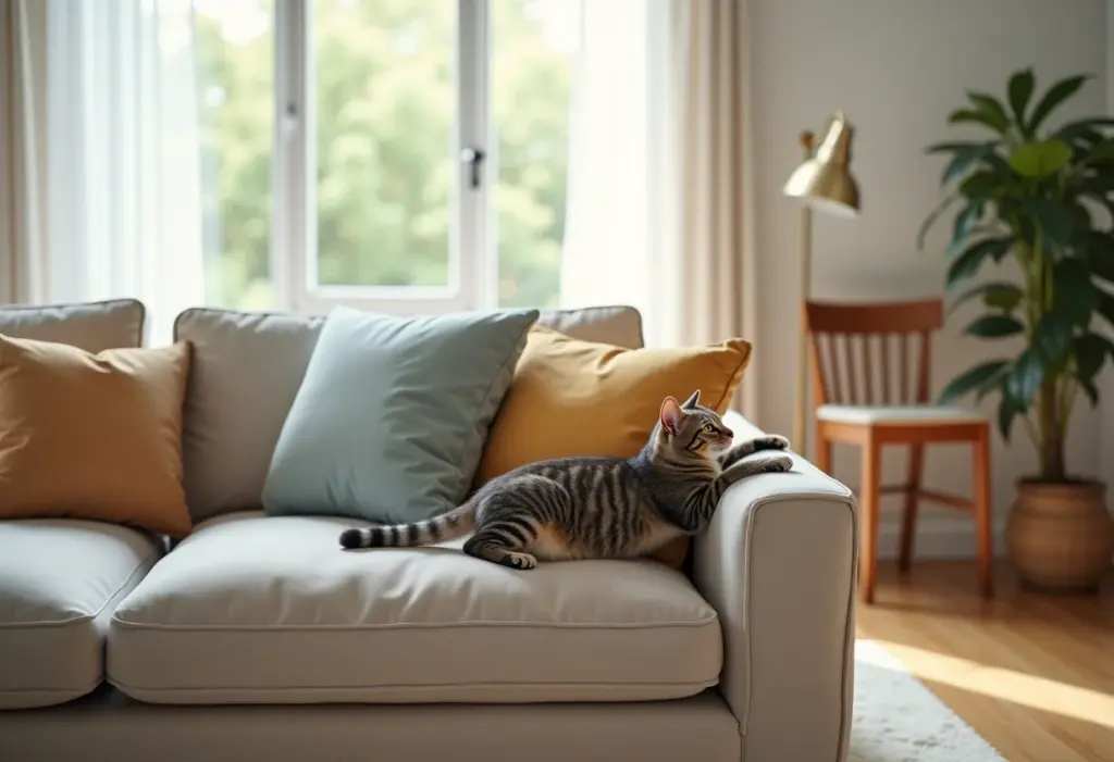 Sofá moderno em sala de estar com gato arranhando
