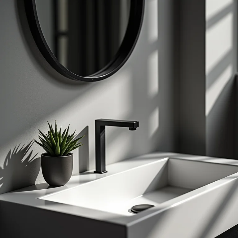 Suculentas decorativas em banheiro preto e branco