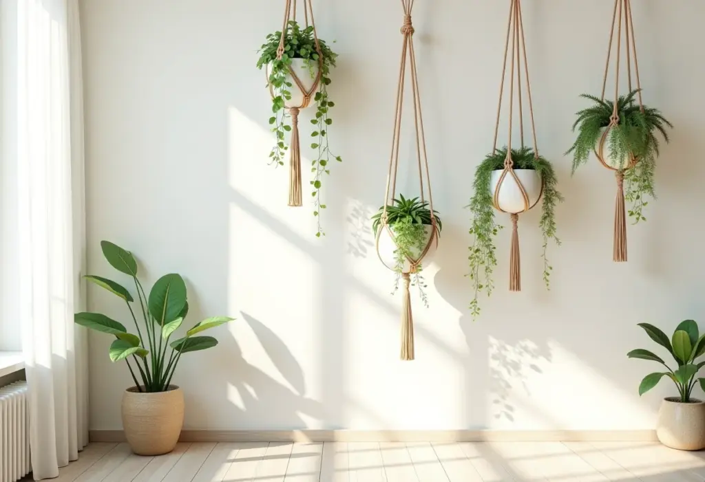 Suporte de plantas macramê em ambiente moderno