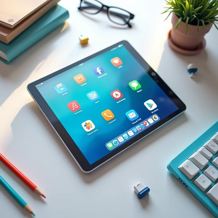 Tablet exibindo ícones de aplicativos e ferramentas digitais