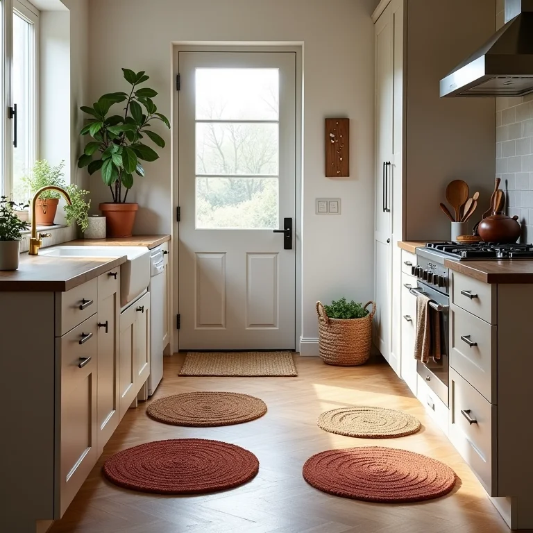 Tapetes de crochê em diferentes áreas da cozinha